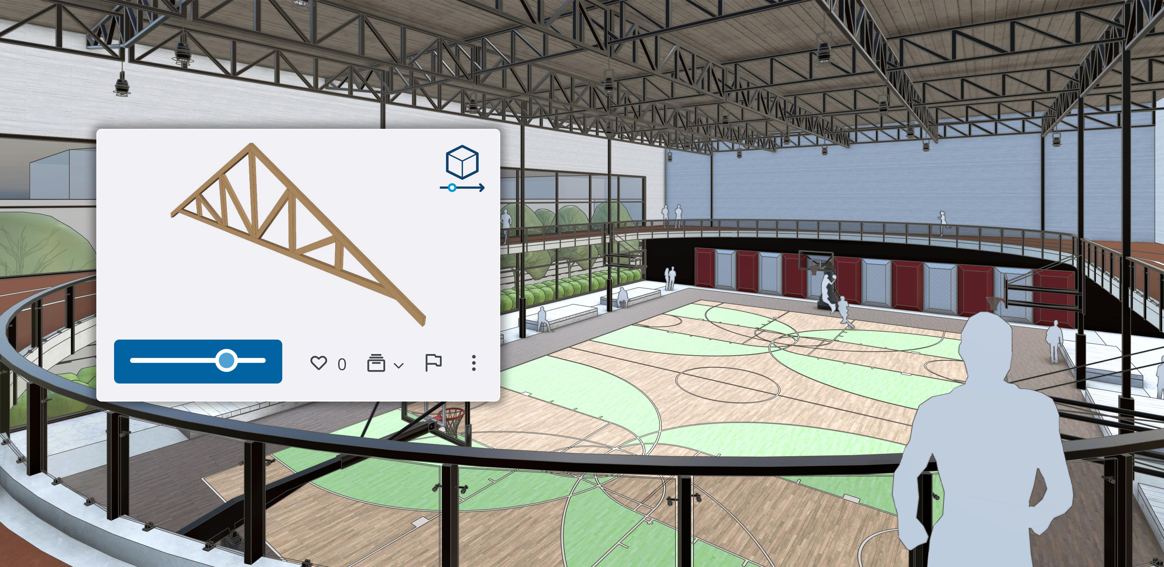 A SketchUp model showing a tan and green basketball court with an upper-level running track surrounding it with a callout win