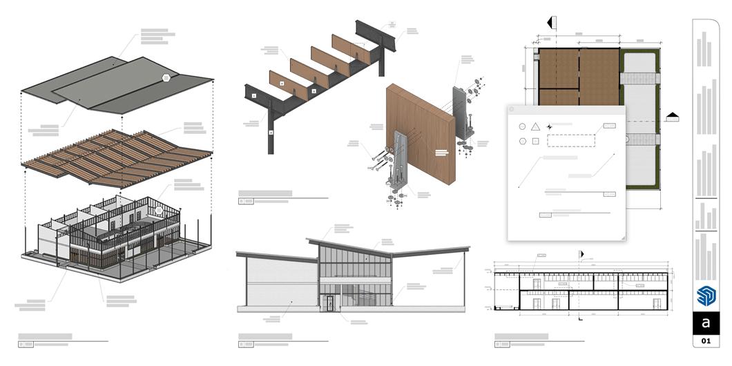 Documento do LayOut com detalhes externos da construção, cortes de seção, novo menu do scrapbook e barra lateral de detalhes.