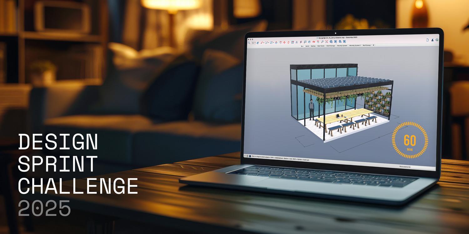 A laptop screen shows a SketchUp model of an outdoor seating space, with a blurred image of a living room in the background.