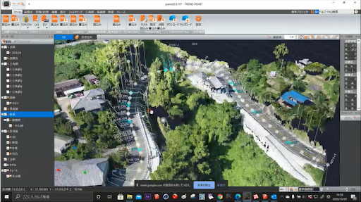 Point-cloud data from an image taken by drone, showing the senkei (line forms) cross-sections.