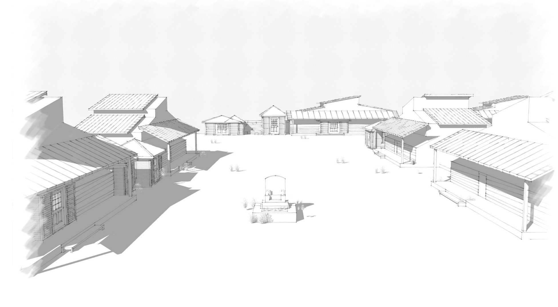 A rendering of a "Western" production design project drawn in SketchUp and LayOut for a music video.