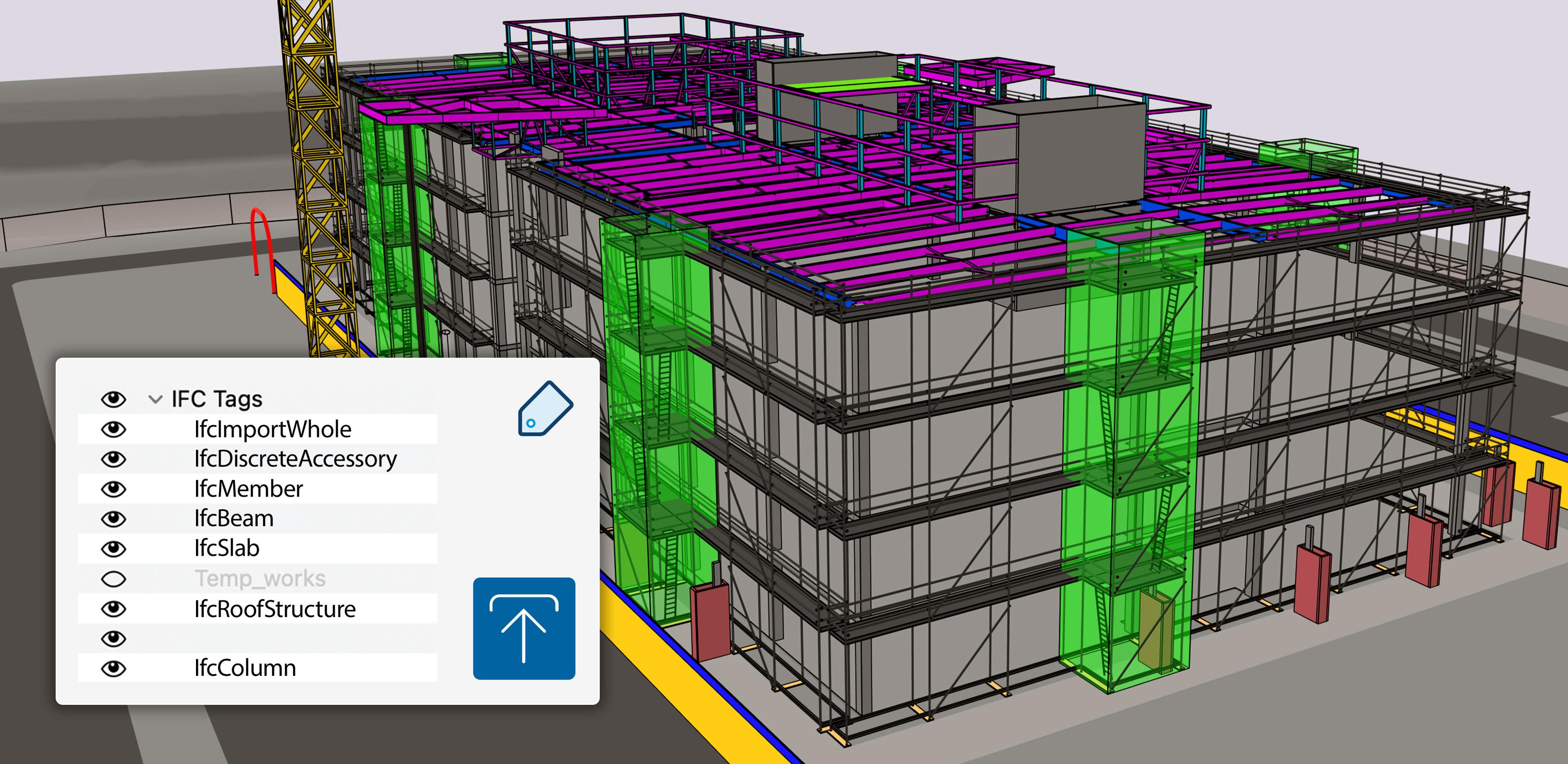 An IFC file showing a building framing exterior imported into SketchUp with a screen callout showing IFC classes as SketchUp