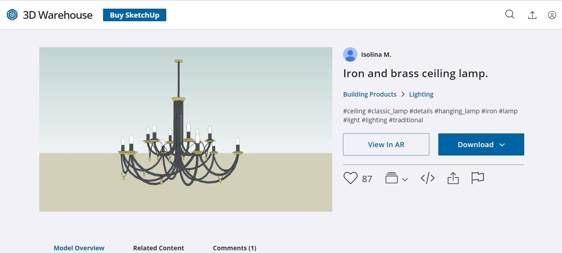 Screenshot of a 3D model of an iron and brass ceiling lamp, modeled by Isolina Mallon and uploaded to SketchUp’s 3D Warehouse