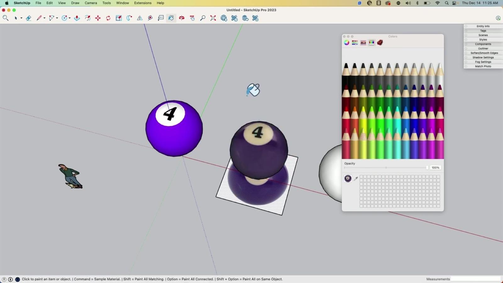 Screenshot of SketchUp UI showing two differently-materialled purple pool balls and a plain white sphere partially covered by