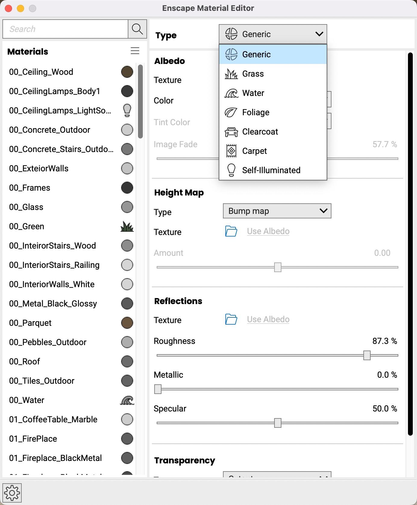 View of Enscape material editor