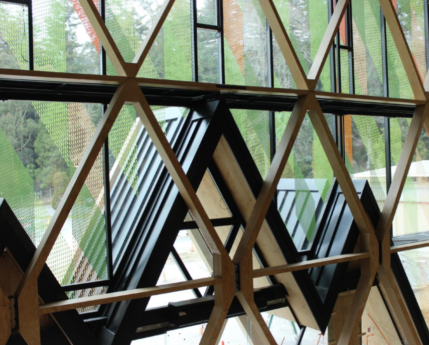 Image of timber structure in front of windows at the Scion Innovation Hub. Color on the glass mimics the surrounding forest.