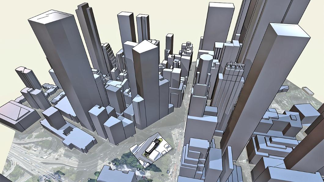 SketchUp model that is geolocated with tall 3D building skyscrapers.