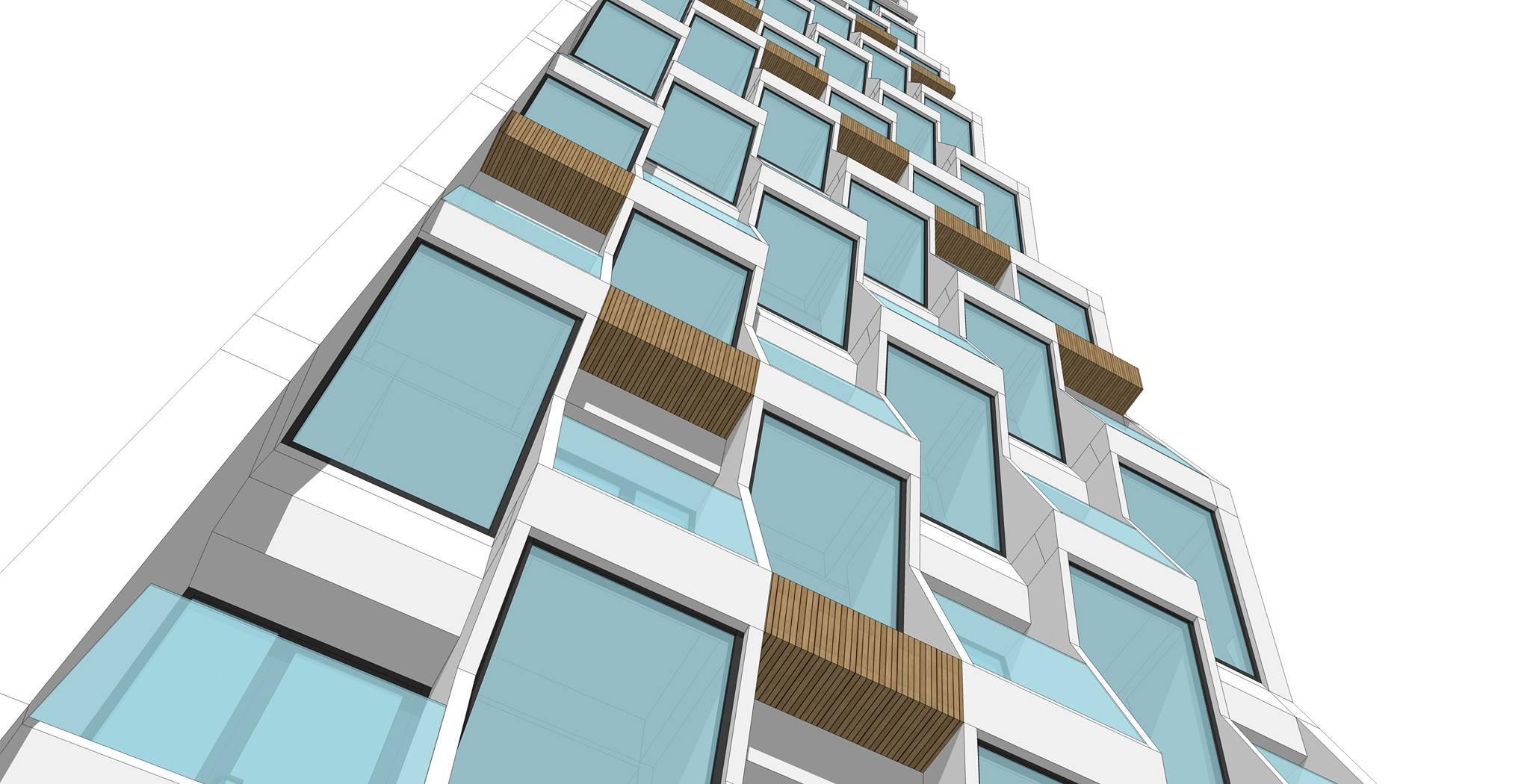 A SketchUp 3D model of the front facade of the building.