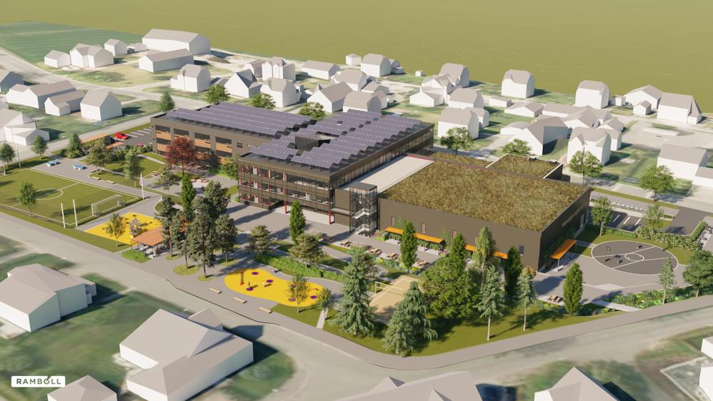Bird's eye view of Veiavangen Middle School, Mjøndalen, Norway. Courtesy of Ramboll.
