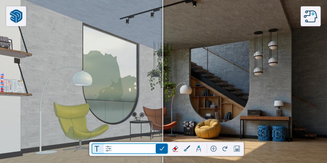 Um espaço residencial com o modelo em estilo de desenho à esquerda e uma renderização do espaço feita no Diffusion à direita.