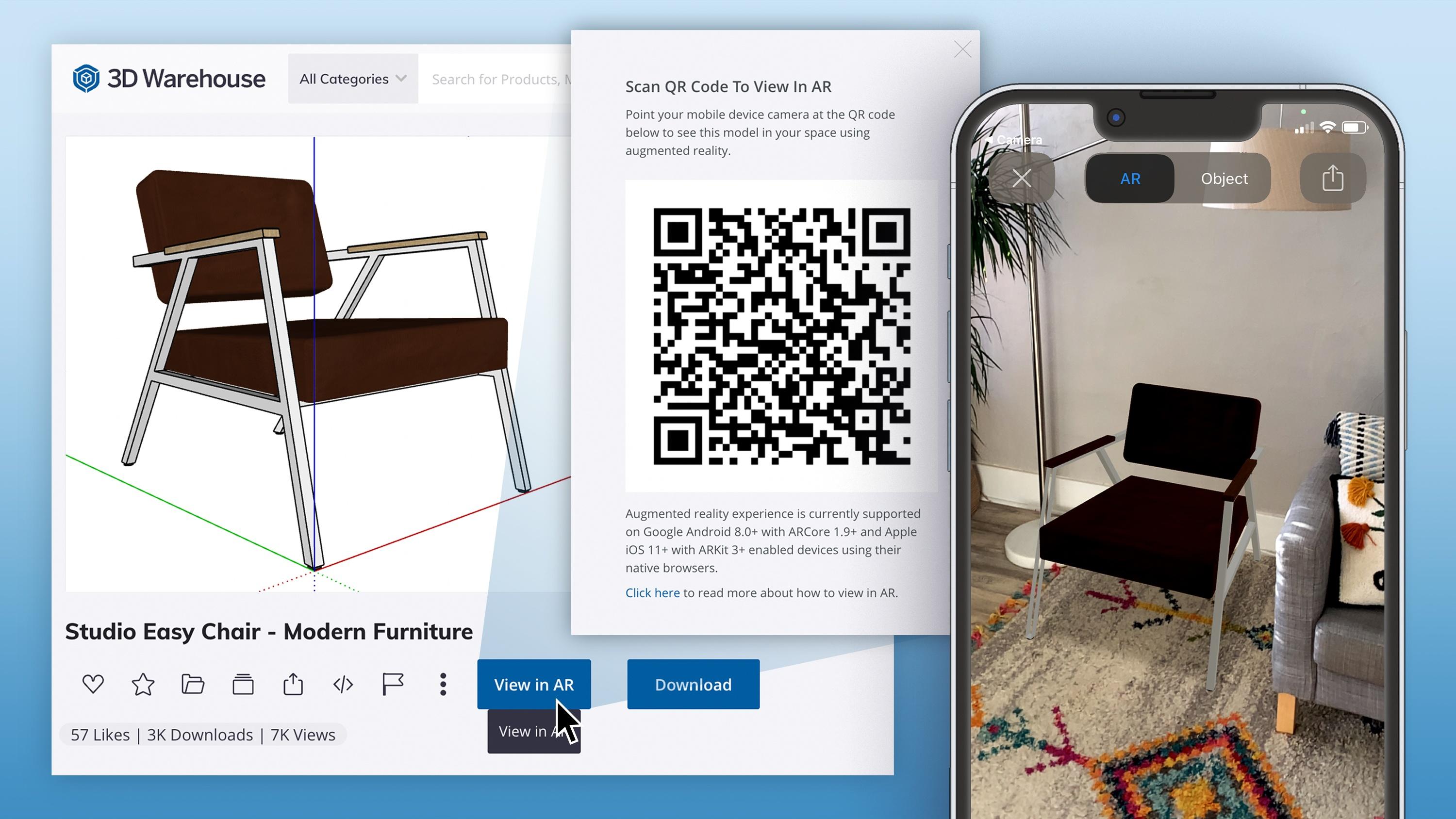 Collage showing image of a chair in 3D Warehouse, a QR code to scan to show the chair in AR, and the chair in AR