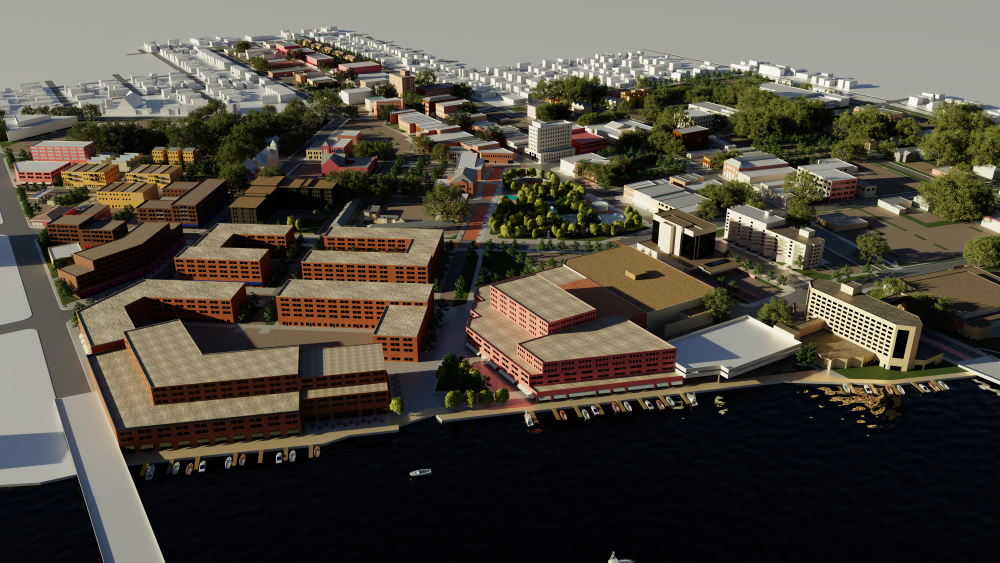 SketchUp model in Omniverse of a birds-eye-view showing the City of Oshkosh.