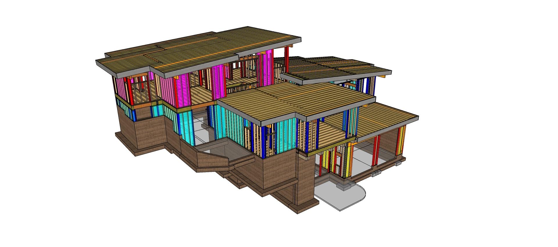 Captura de pantalla del modelo arquitectónico que muestra los componentes de ingeniería estructural instalados en SketchUp