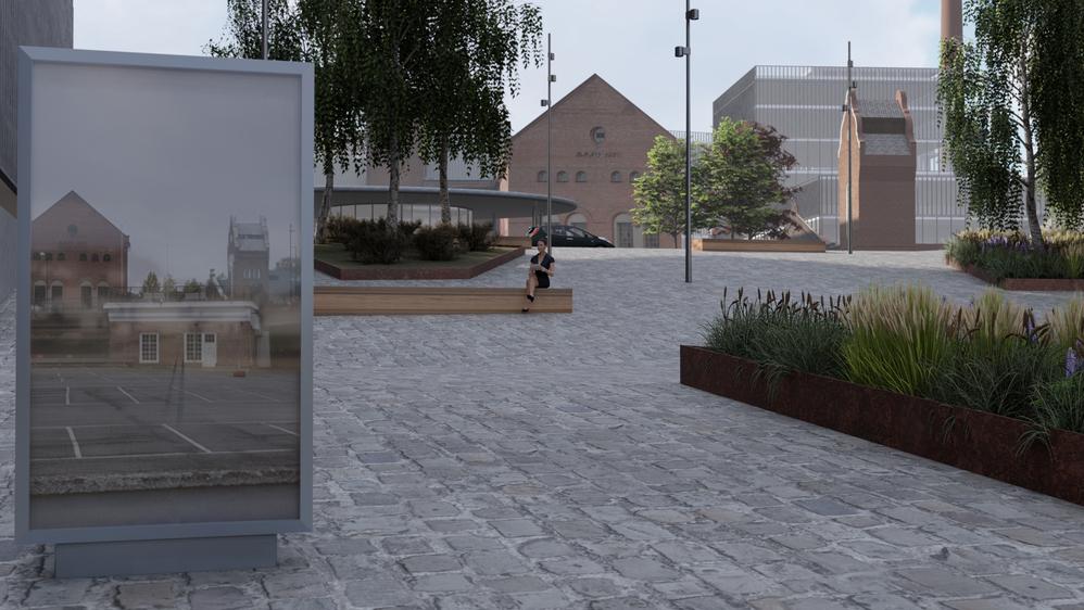 Old and new. SketchUp geometry is merged with Lumion speedtree vegetation. A poster was modeled in SketchUp showing a picture