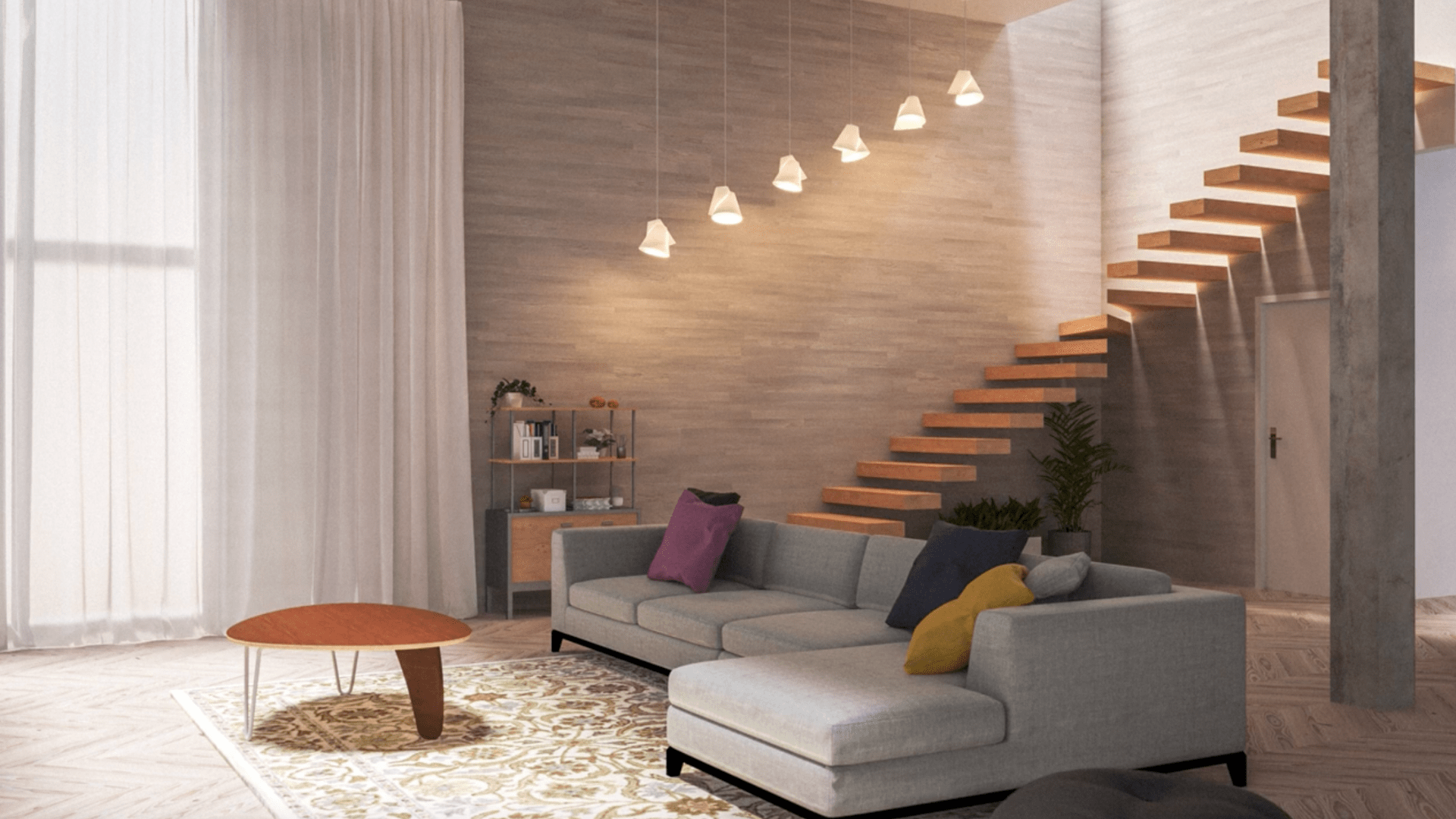 Rendu d'un espace de vie intérieur composé d'un canapé, d'une table et d'autres meubles issus de 3D Warehouse.