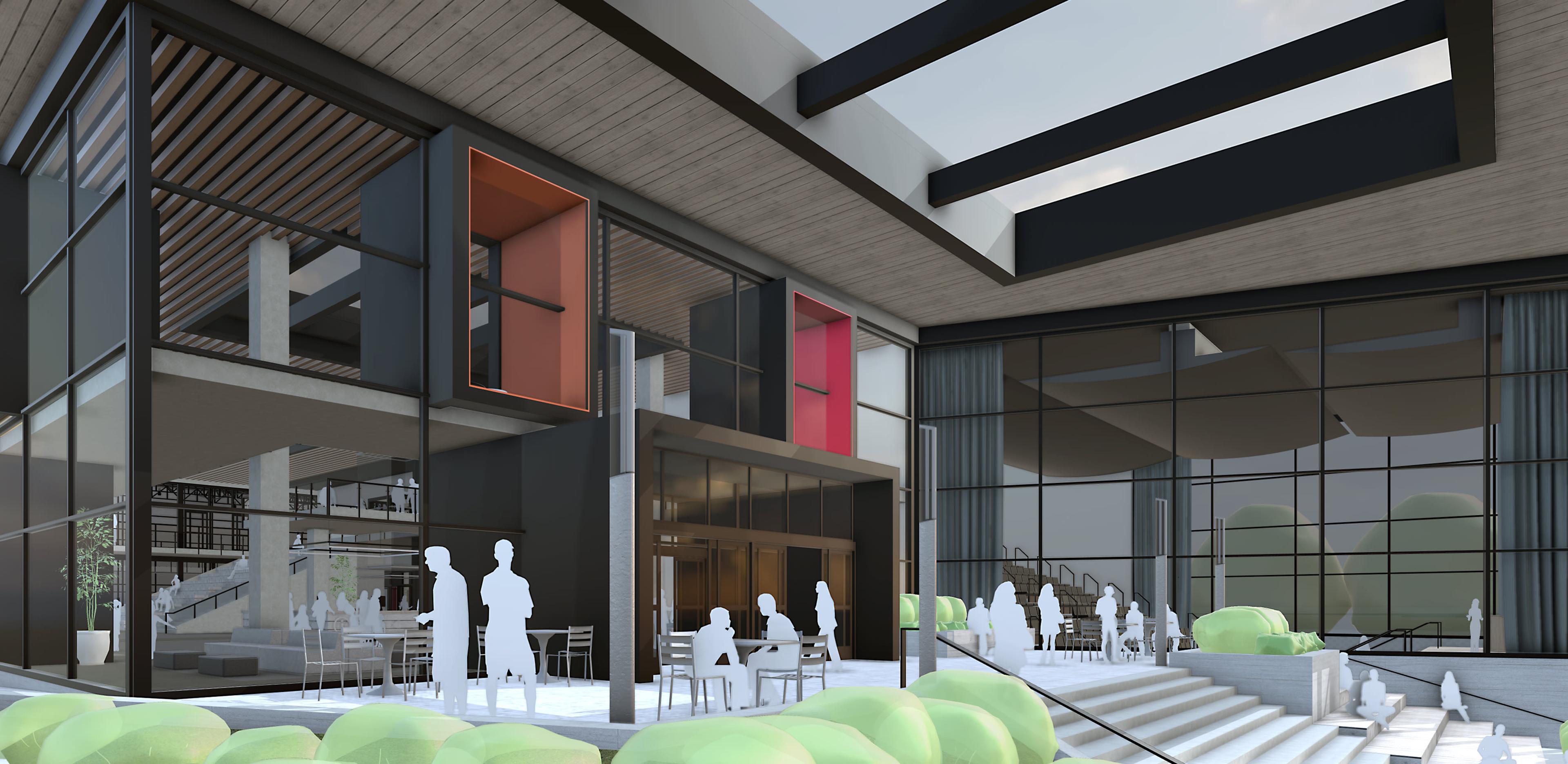 Modelo de SketchUp que muestra el exterior de un moderno centro comunitario con grandes paredes con ventanas y figuras de per