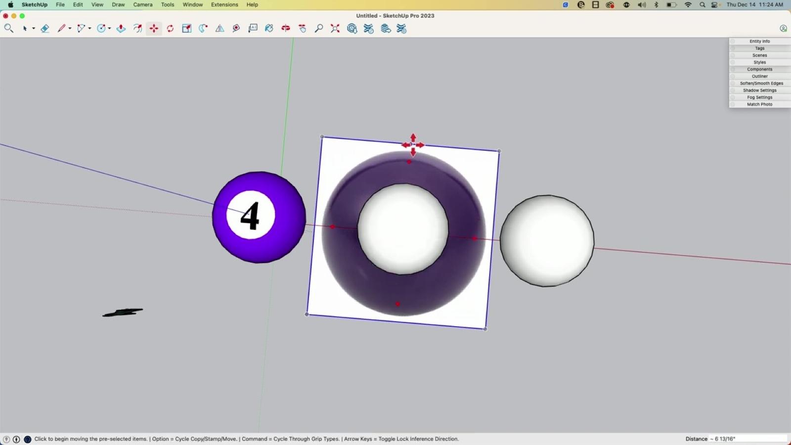 Screenshot of SketchUp UI showing a purple pool ball, a photo of a purple pool ball, and a white sphere.