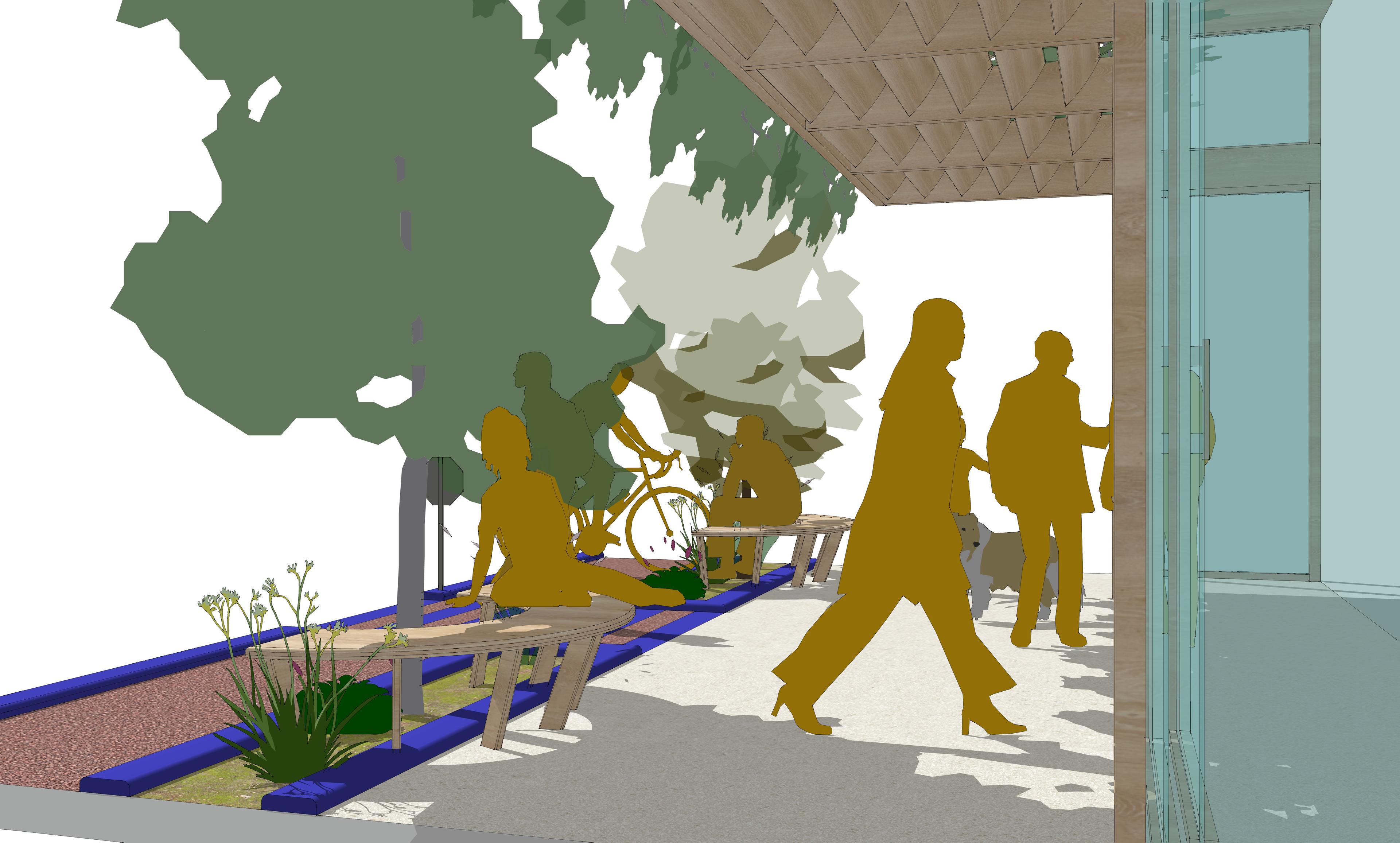 SketchUp model shows the outdoor space with benches, being shaded by the trees.