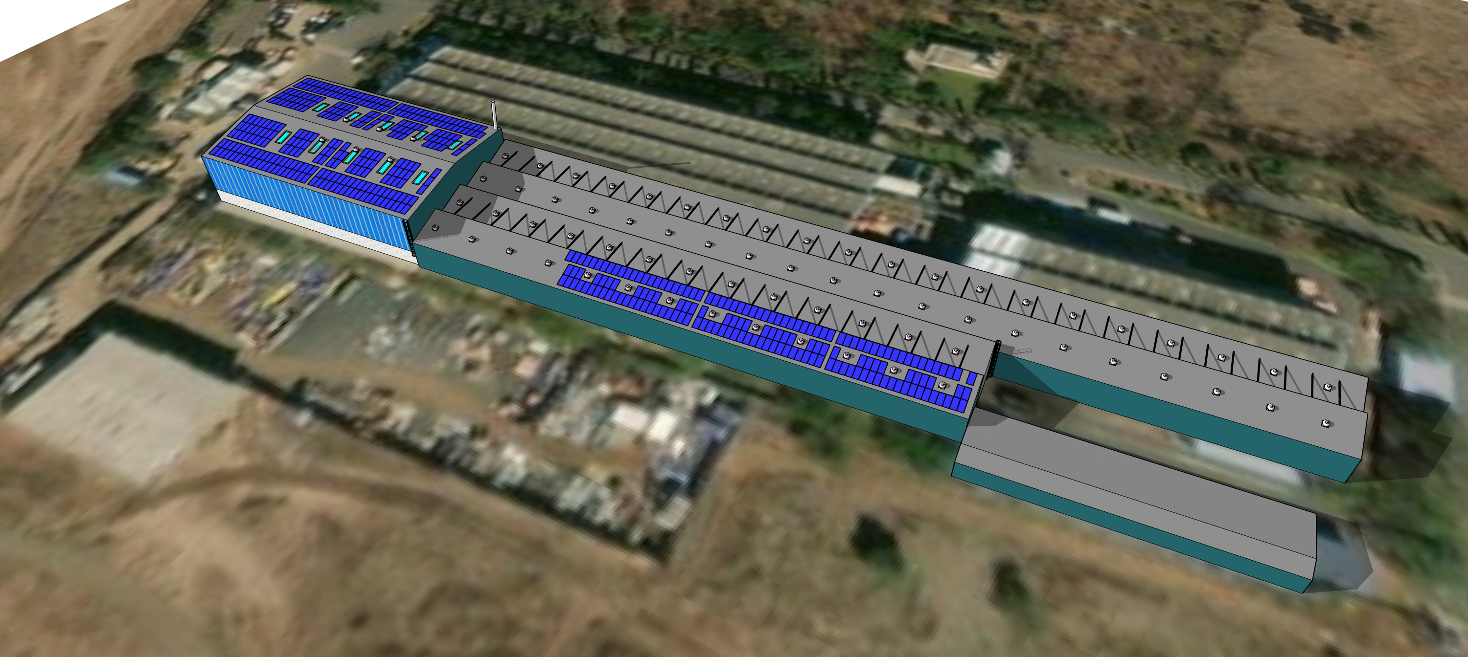 SketchUp model of a large building with solar panels and shading.