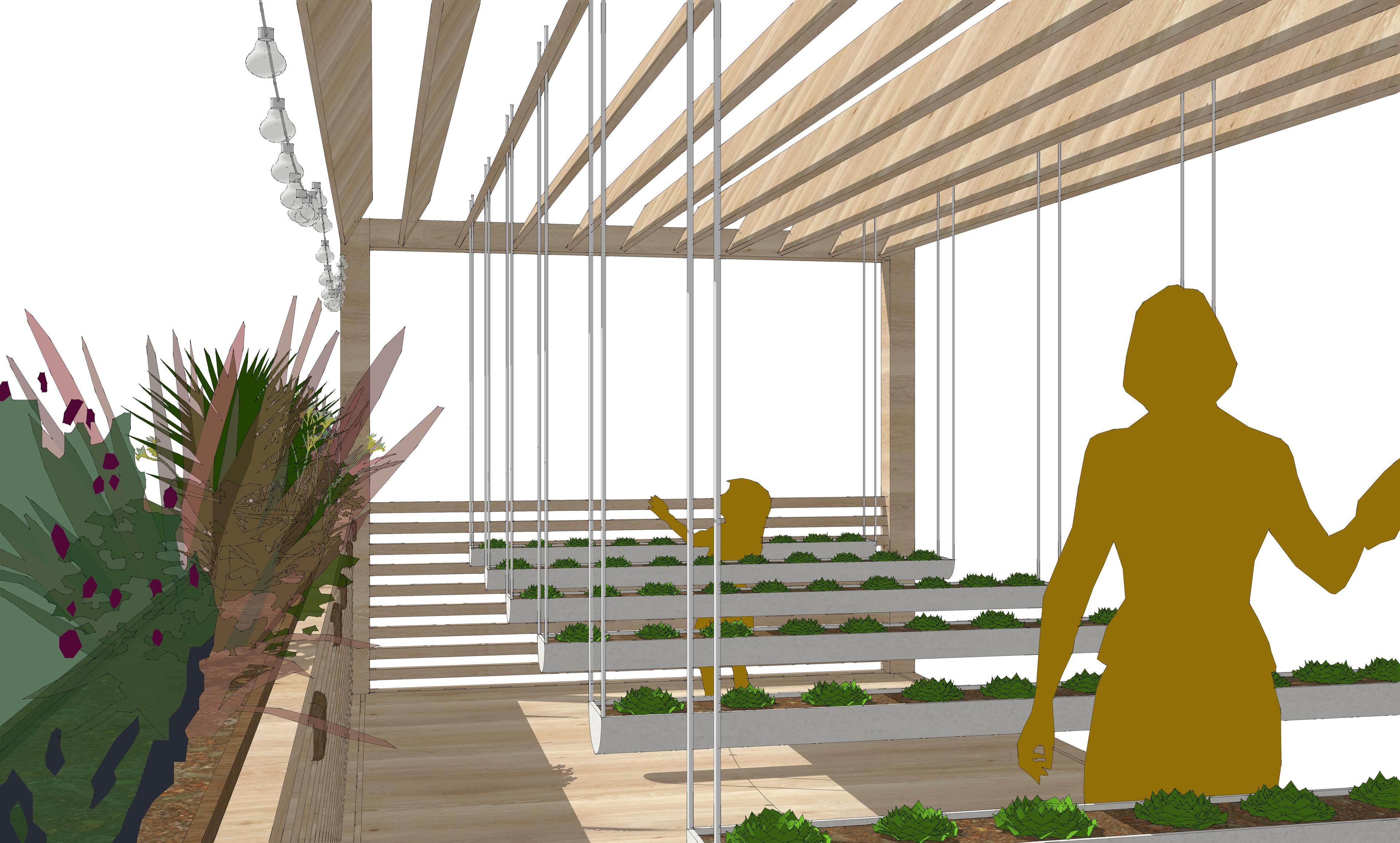 SketchUp model of the rooftop garden with wooden roof panels that are open to let sunlight in.
