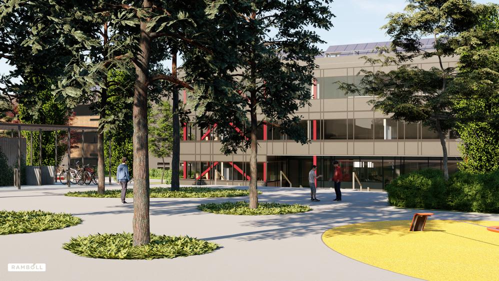 A SketchUp model of Veiavangen Middle School rendered in Lumion. An all-Rambøll project where several BIM models from differe