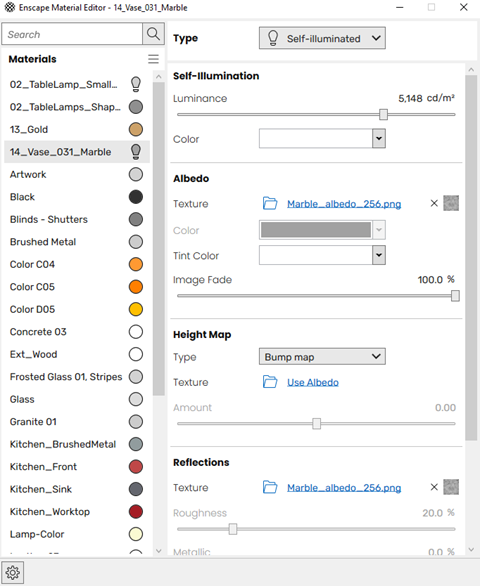 Enscape materials editor options