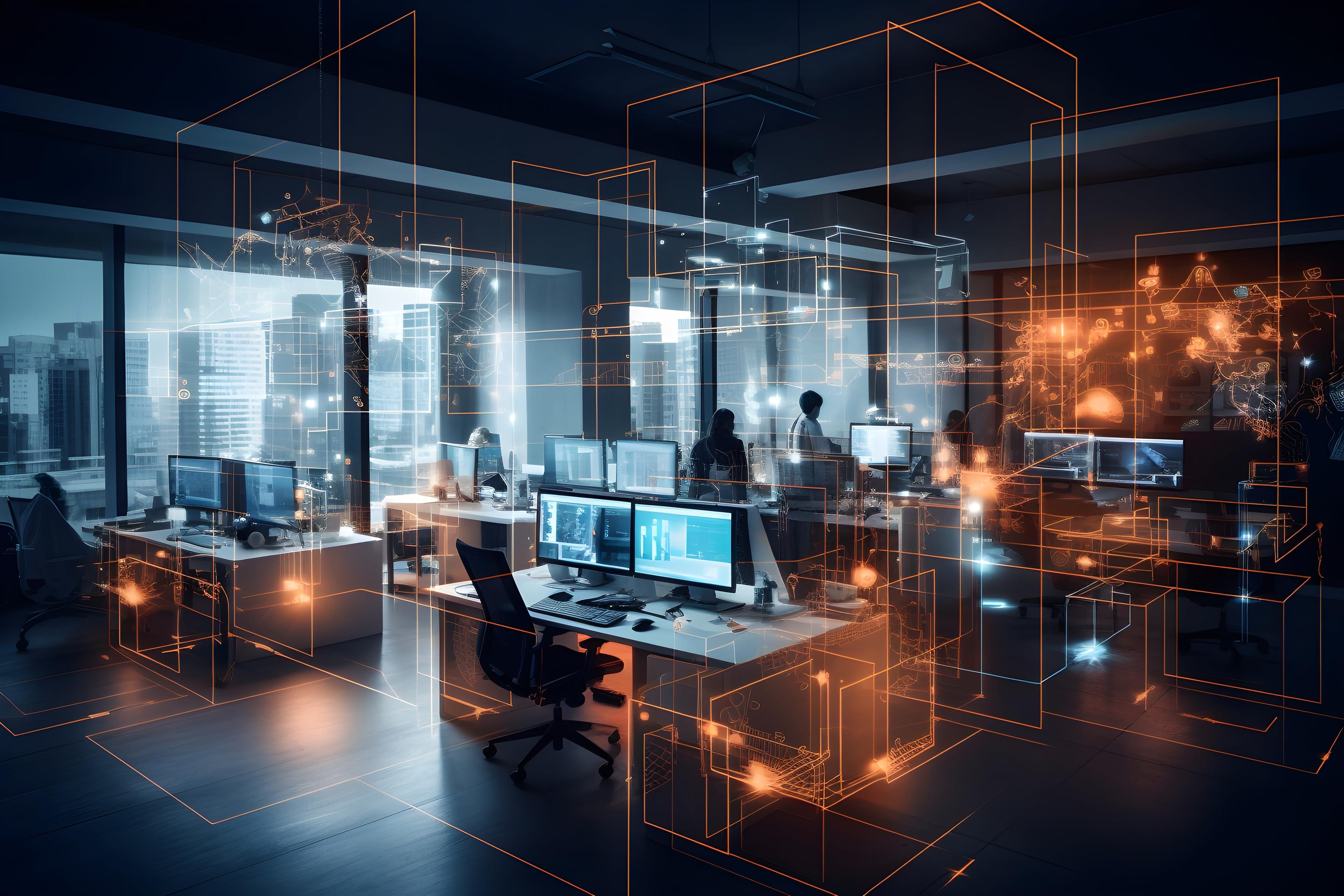Image of a working space with computers and digital overlay