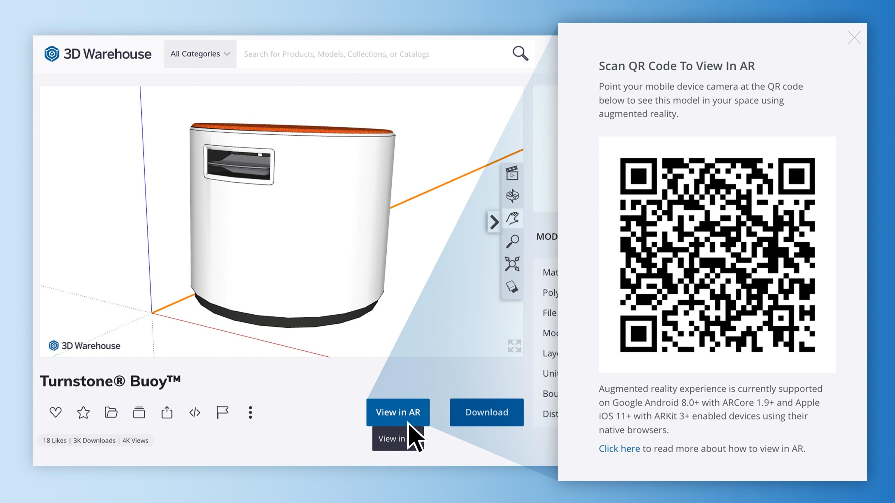 3D Warehouse object next to scannable QR code