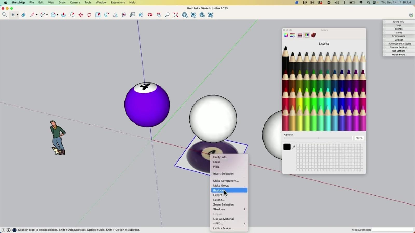 Screenshot of SketchUp UI showing a purple pool ball and two plain white spheres, one partially covered by a color palette.