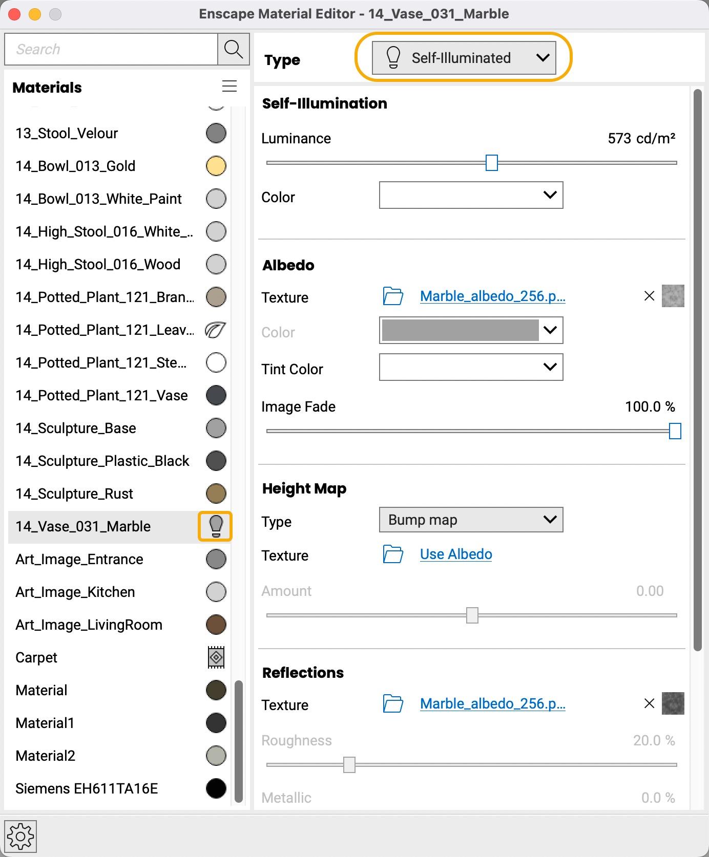 Self-illuminate material selection in Enscape