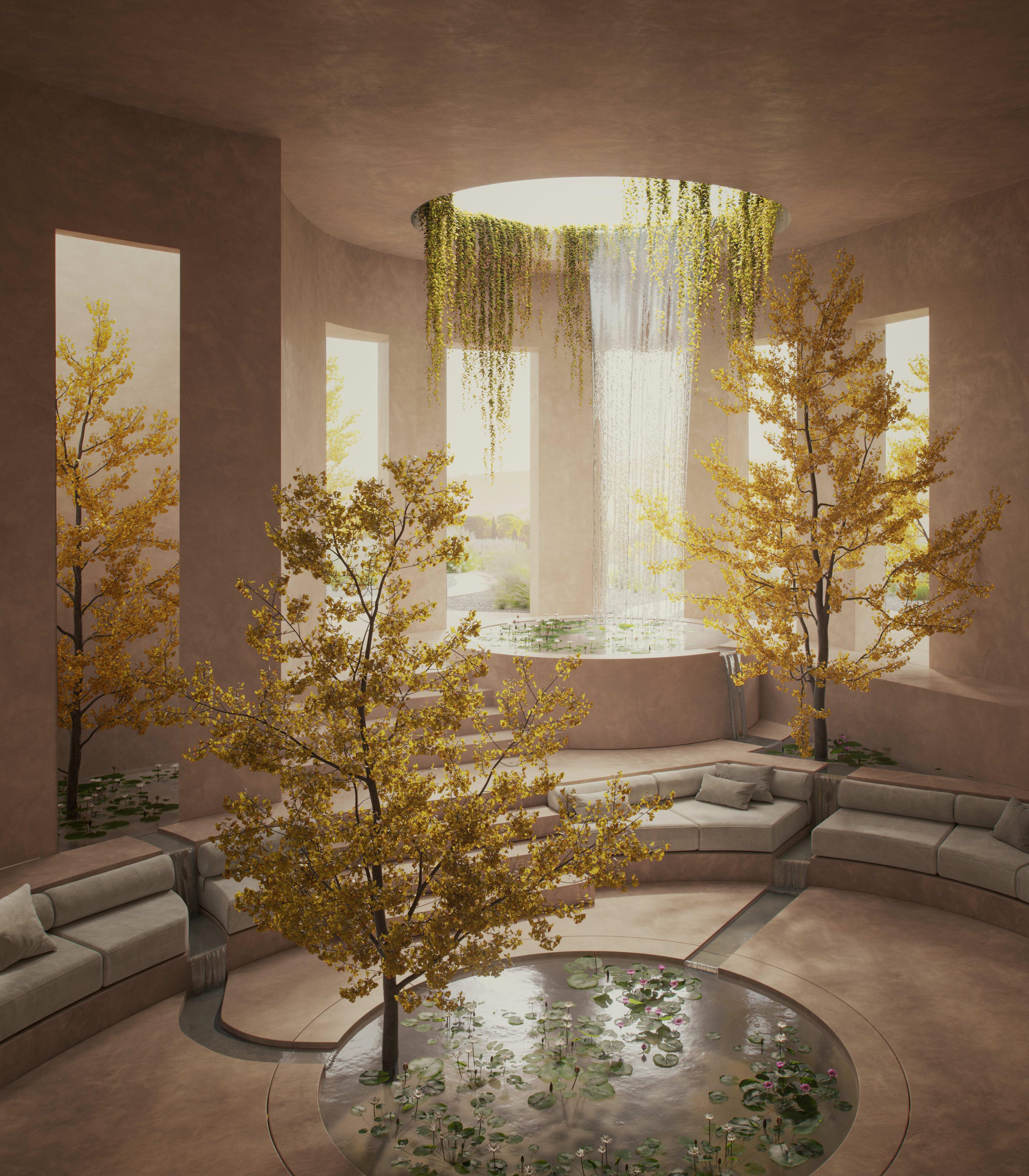 Interior design of a room with elements of nature within it, three trees are planted within the room growing out from a pool
