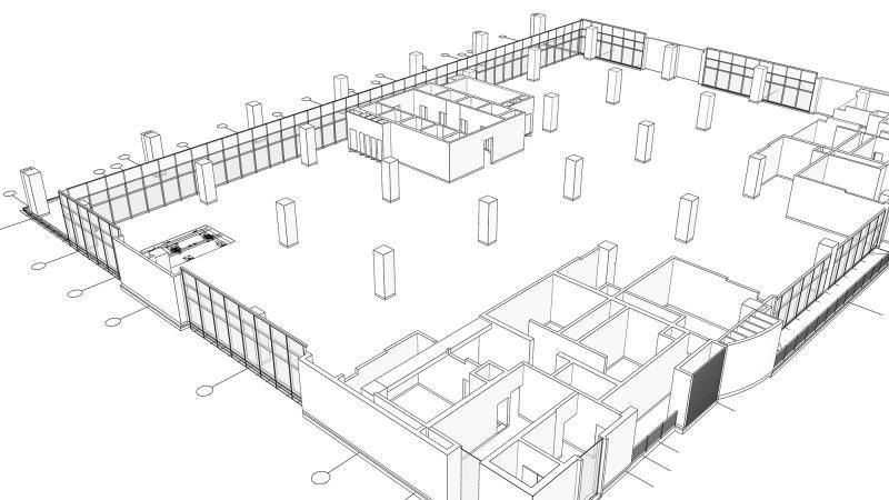 Massing model of empty space; model with overhead engineering overlaid at ceiling level.