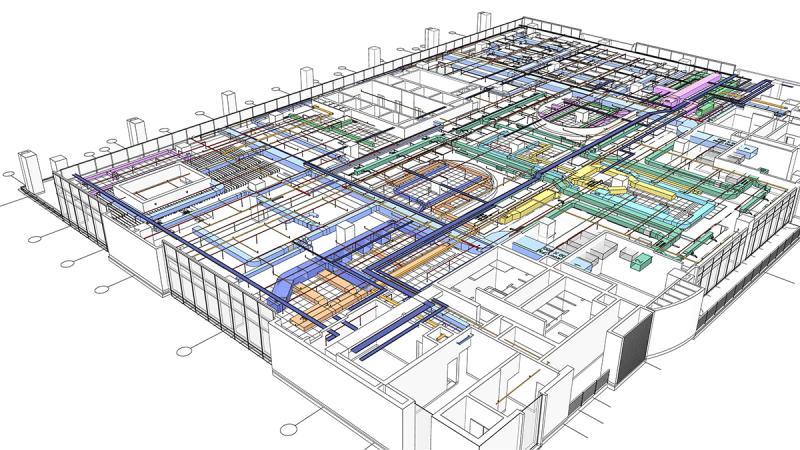 Massing model of empty space; model with overhead engineering overlaid at ceiling level.