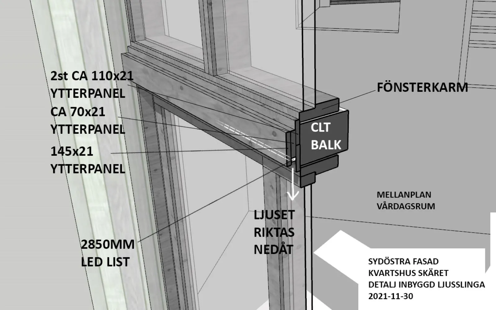 3D model showing construction details of CLT beams.