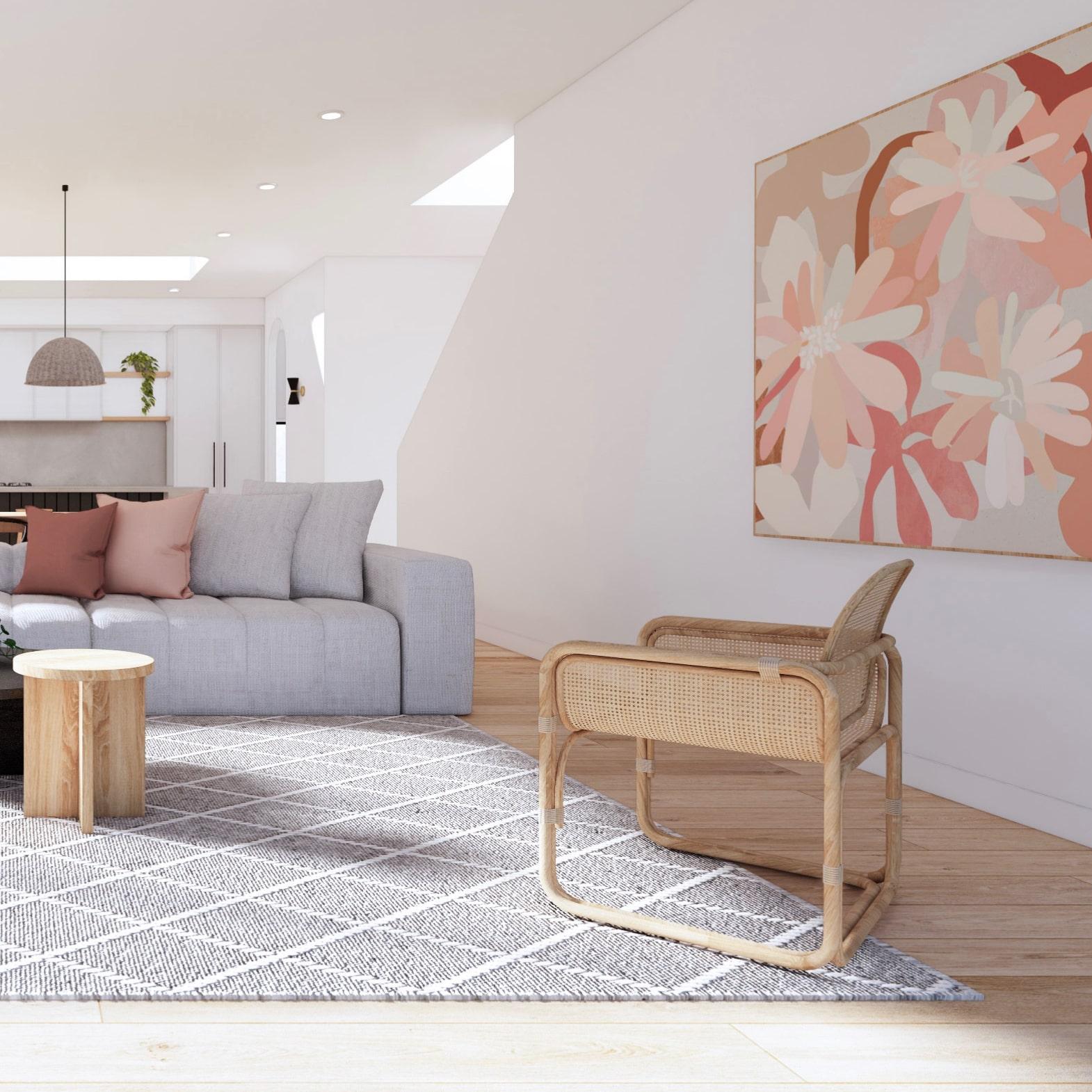Rendering of a living room 3D model using Enscape.